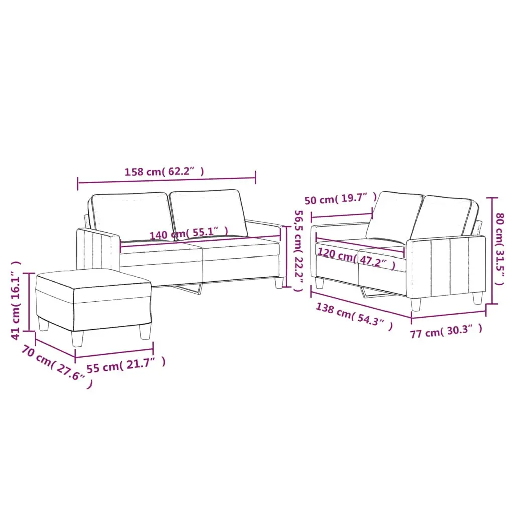 3 Piece Sofa Set Living Room Grey Velvet