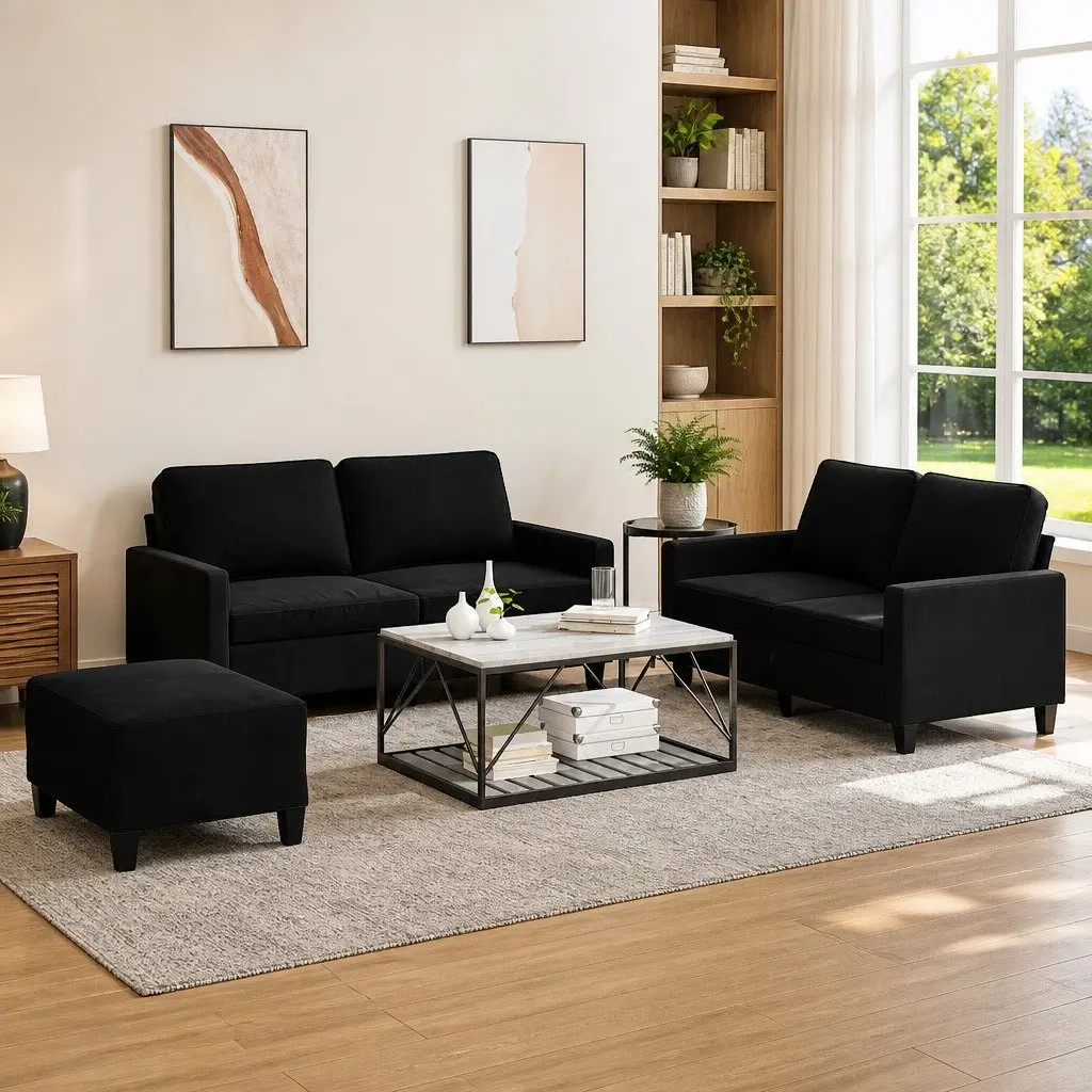 3 Piece Sofa Set for Living Room Black Velvet