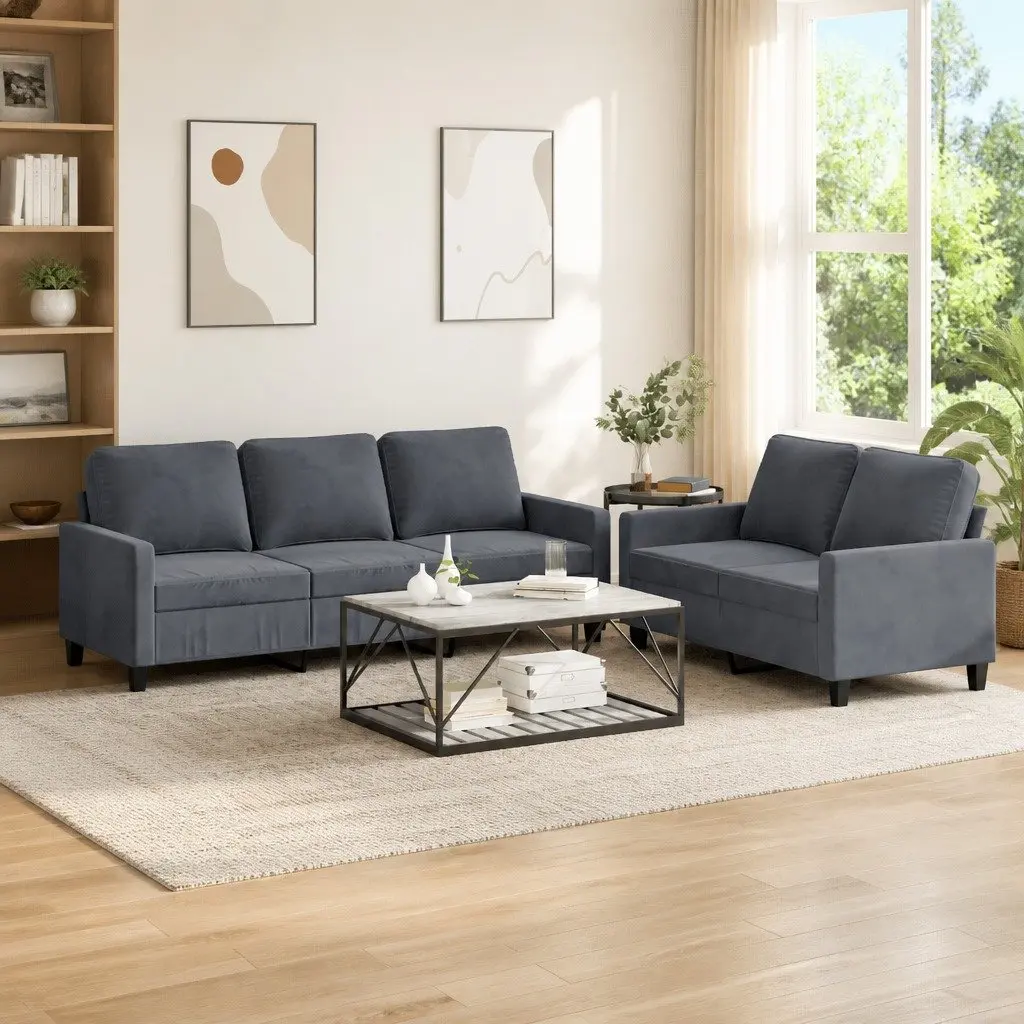 2 Piece Grey Velvet Sofa Set