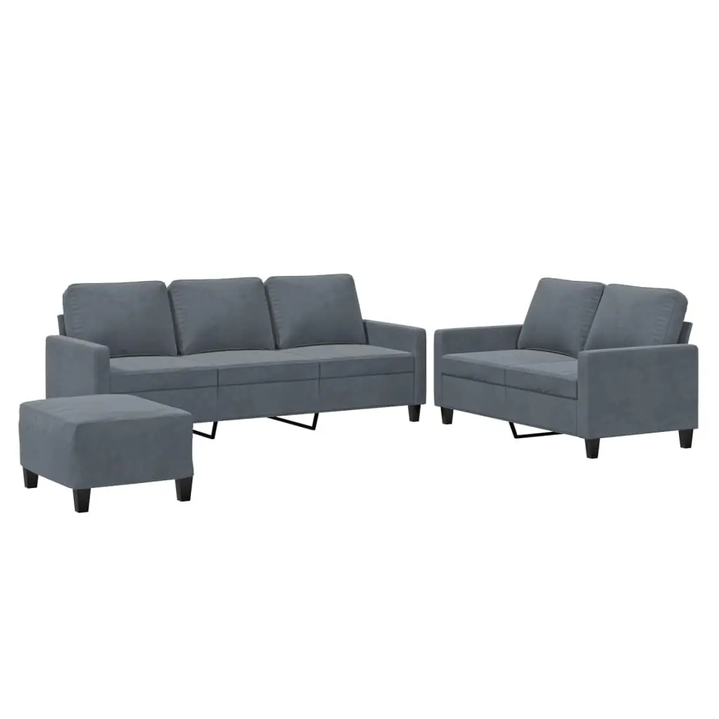 3 Piece Sofa Set with Footstool for Living Room Grey Velvet
