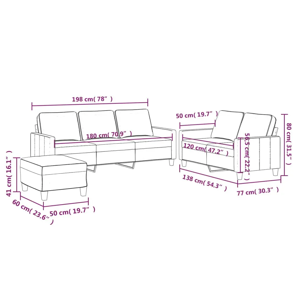 3 Piece Sofa Set with Footstool for Living Room Grey Velvet