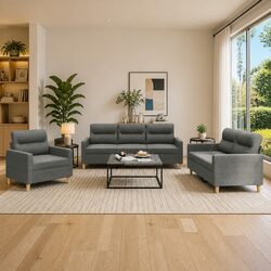 Grey Fabric 3 Piece Sofa Set with Cushions Comfortable Seating Living Room