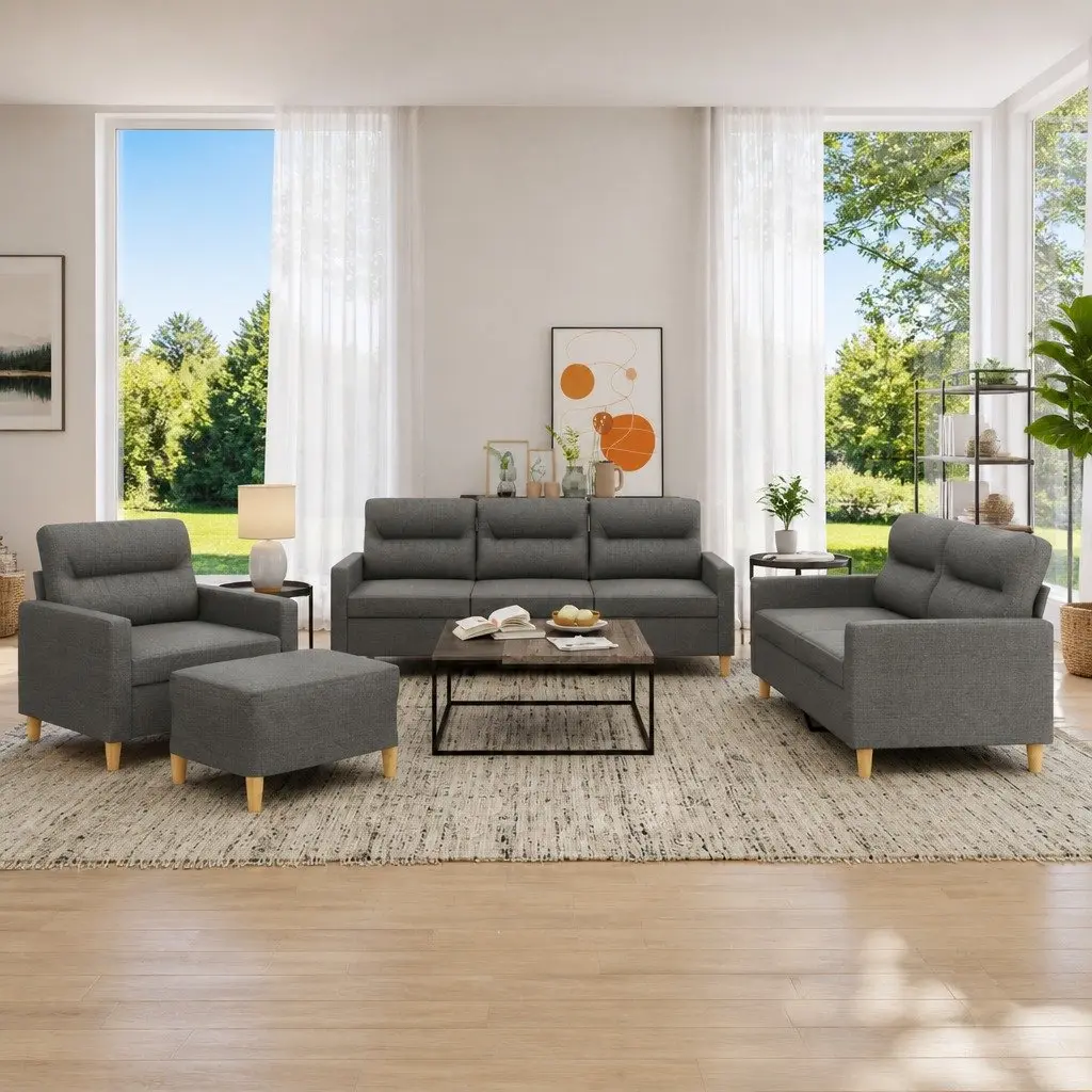 4 Piece Grey Fabric Sofa Set with Footstool Padded Seat Armrests Living Room