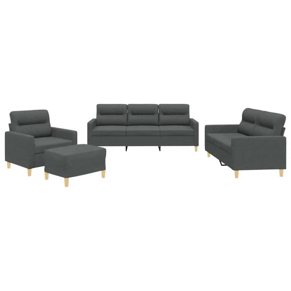 4 Piece Grey Fabric Sofa Set with Footstool Padded Seat Armrests Living Room