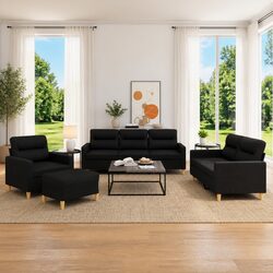 4 Piece Sofa Set: Black Fabric, Plywood & Metal Frame