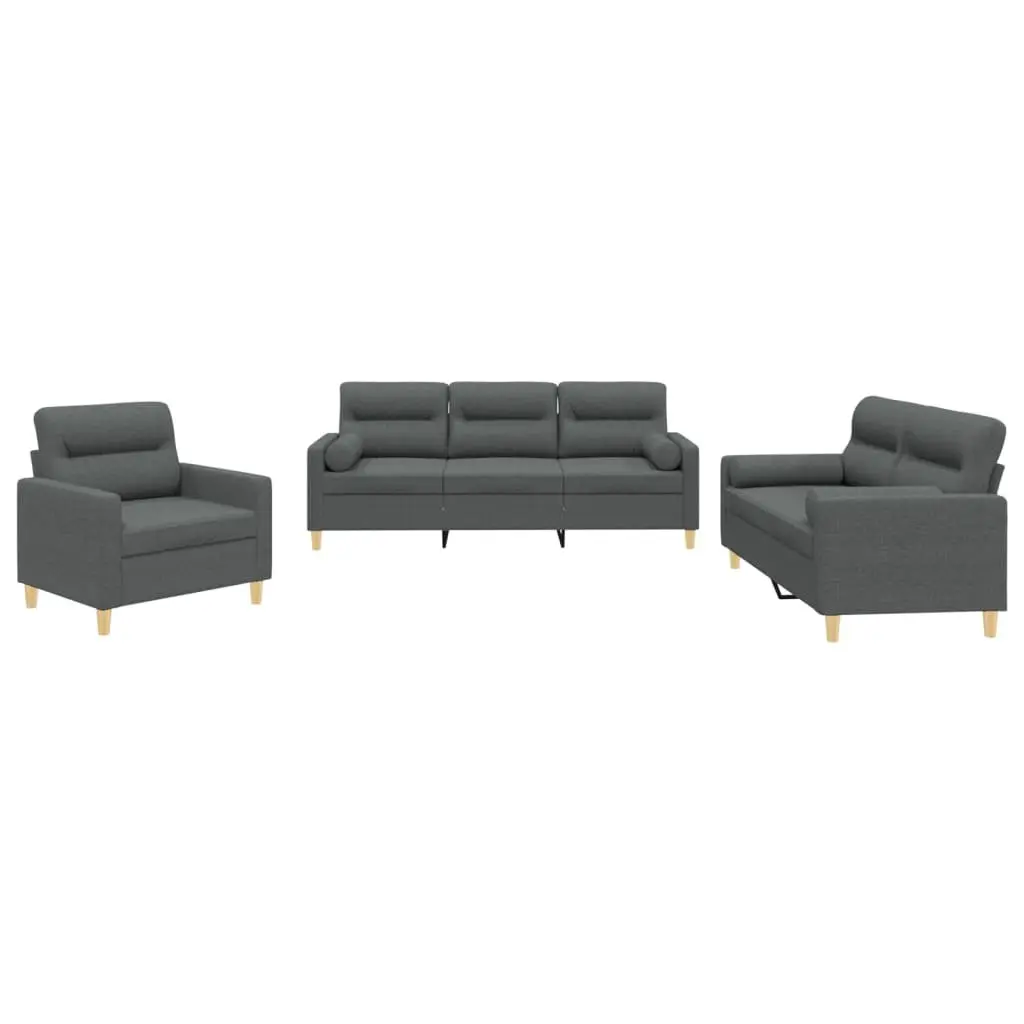 3 Piece Sofa Set Grey Fabric Lounge Suite with Pillows Living Room Furniture