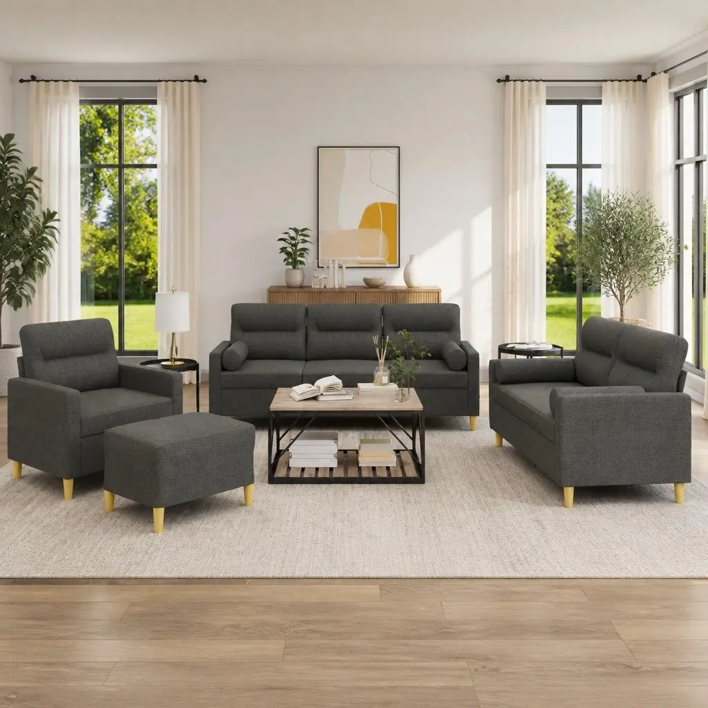 4 Piece Grey Fabric Sofa Set with Metal Frame and Pillows