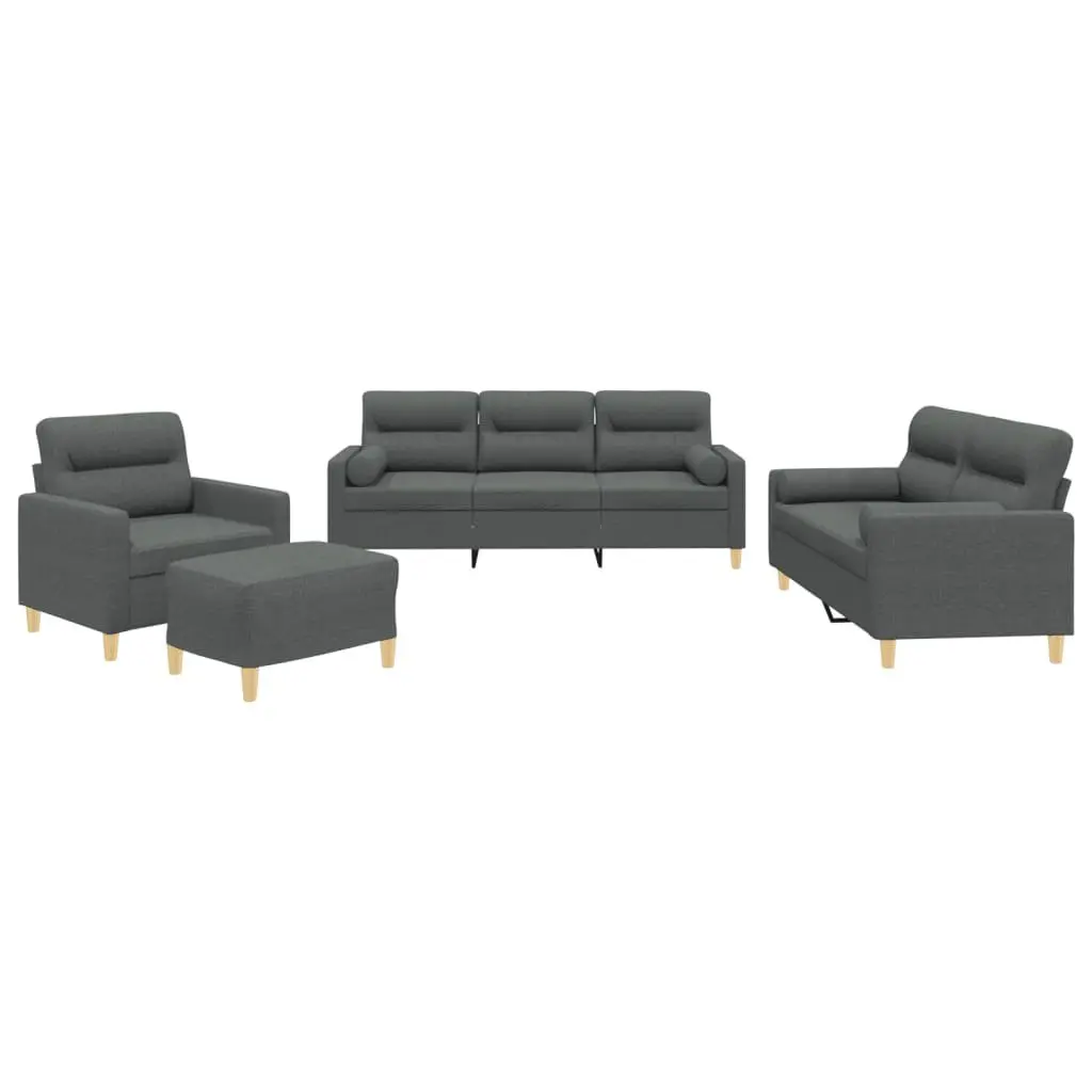 4 Piece Grey Fabric Sofa Set with Metal Frame and Pillows