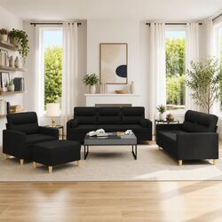 4 Piece Sofa Set with Roll Pillows Footstool Black Fabric Living Room Lounge