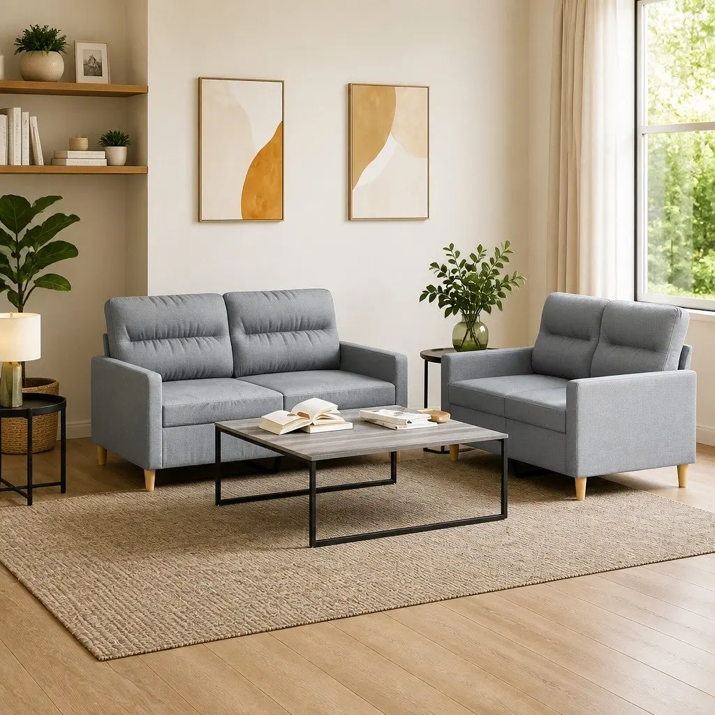 2 Piece Sofa Set for Living Room Grey Fabric with Cushions