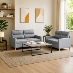 Two-Piece Grey Fabric Sofa Set Specifications and Details