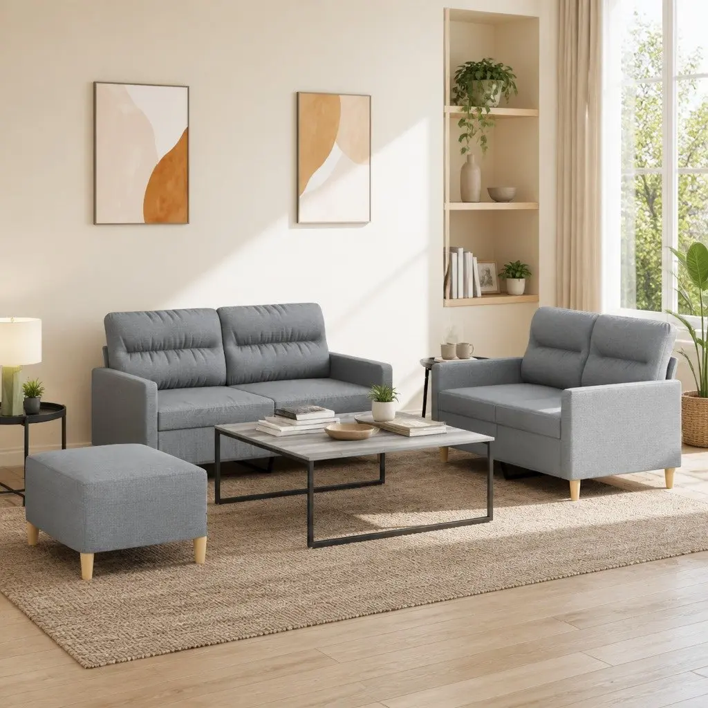 3 Piece Sofa Set with Footstool Grey Fabric Living Room Furniture Lounge Suite