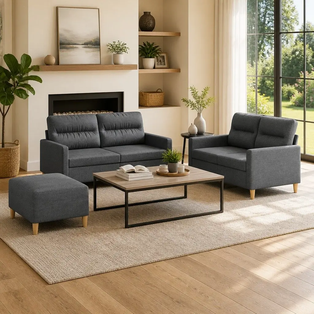 3 Piece Sofa Set Grey Fabric Couch with Cushions and Footstool Living Room