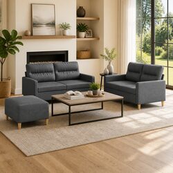 3 Piece Sofa Set: Grey Fabric, Cushions, Footstool Included