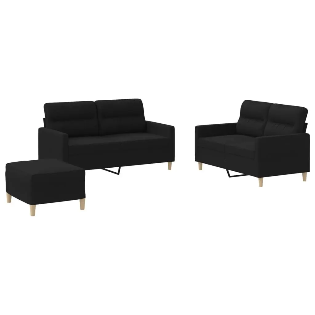 3 Piece Sofa Set with Cushions Black Fabric Lounge Couch Footstool Living Room