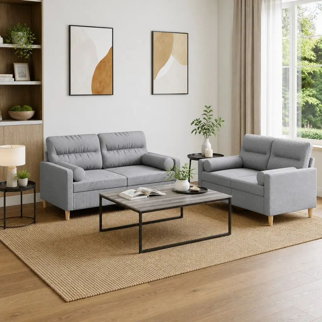 Grey Fabric 2 Piece Sofa Set with Pillows