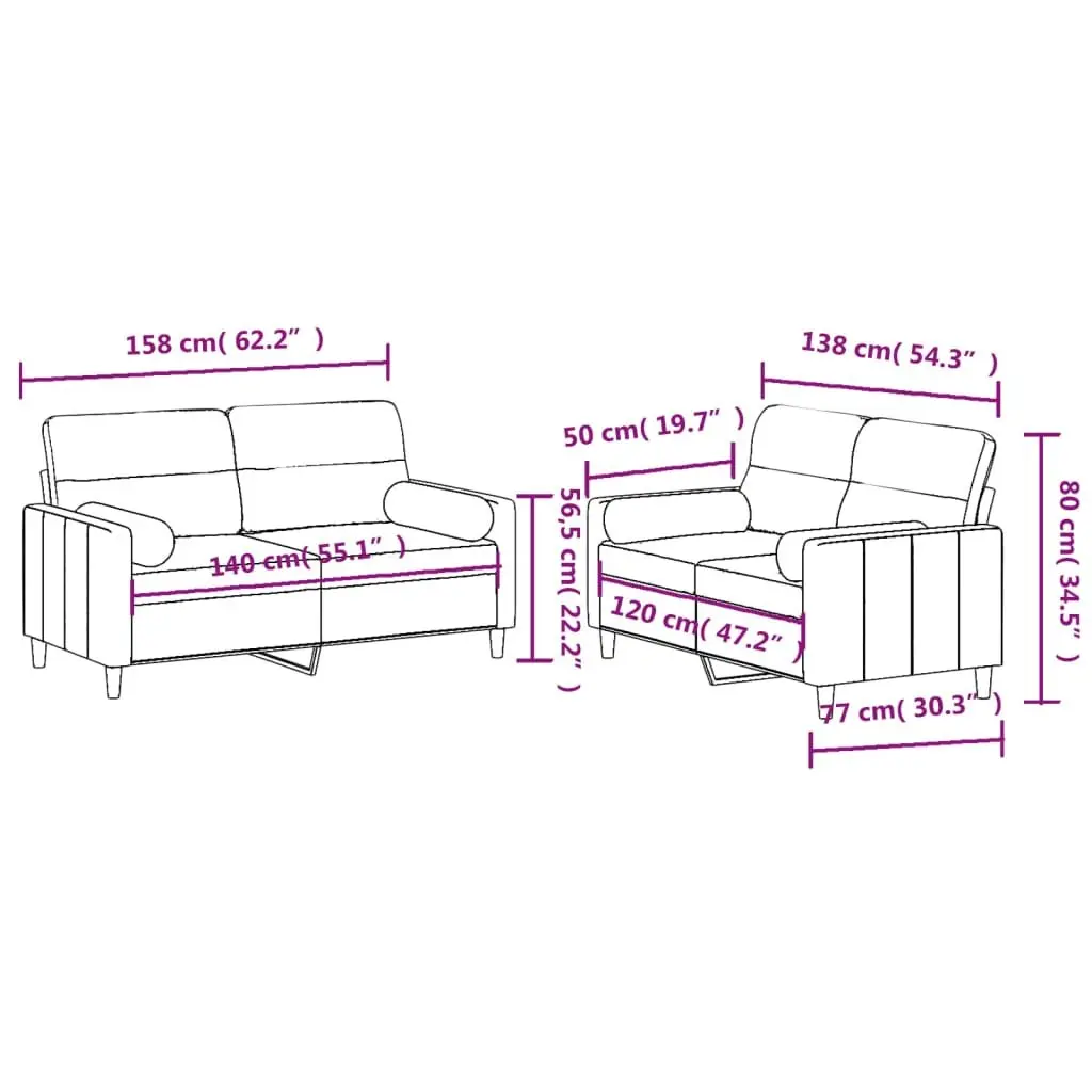 Grey Fabric 2 Piece Sofa Set with Pillows