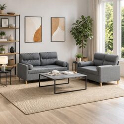 2 Piece Grey Fabric Sofa Set: Dimensions and Specs