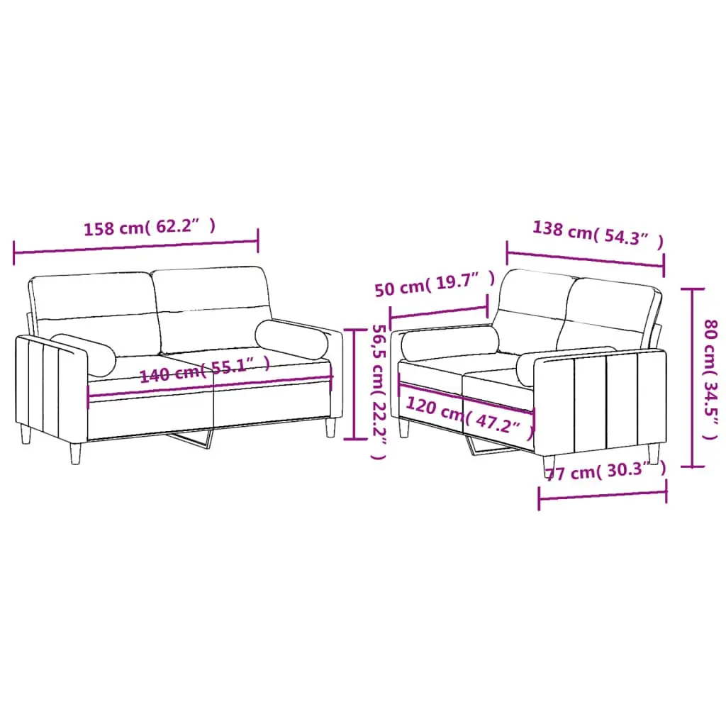 Sofa Set for Living Room Grey Fabric 2 Piece