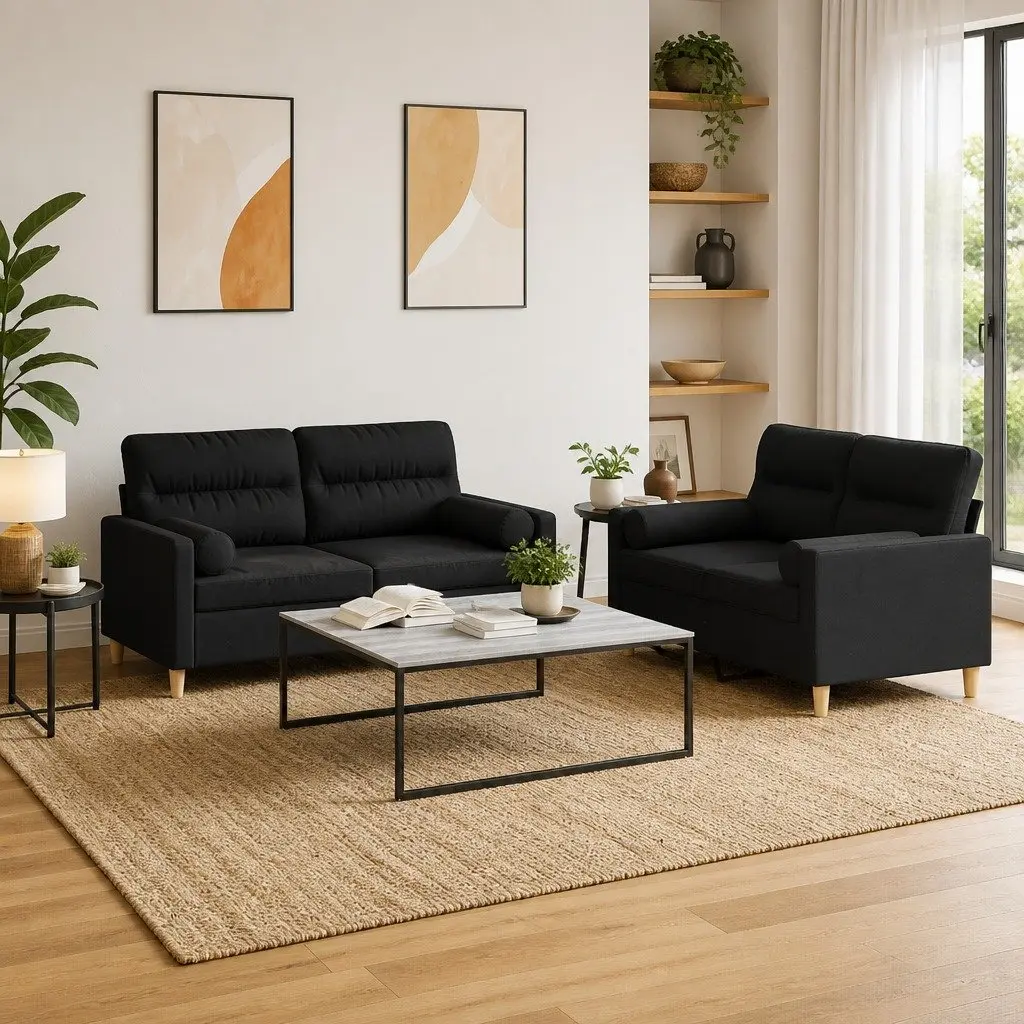 Black Two-Piece Sofa Set with Pillows