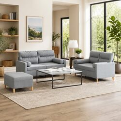 3 Piece Grey Fabric Sofa Set with Footstool and Pillows