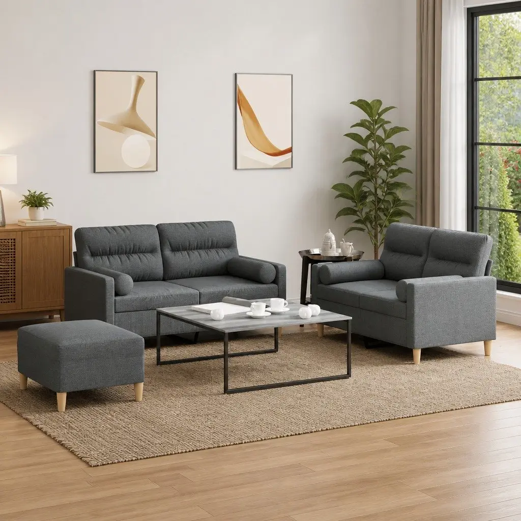 3 Piece Sofa Set Grey Fabric Living Room Couch with Pillows Footstool