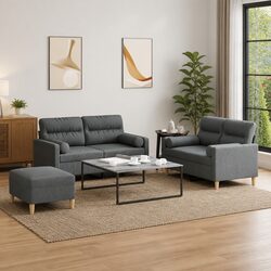 Grey Fabric 3 Piece Sofa Set with Metal Frame & Pillows