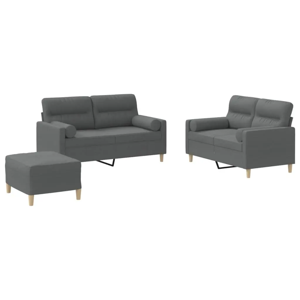 3 Piece Sofa Set Grey Fabric Living Room Couch with Pillows Footstool