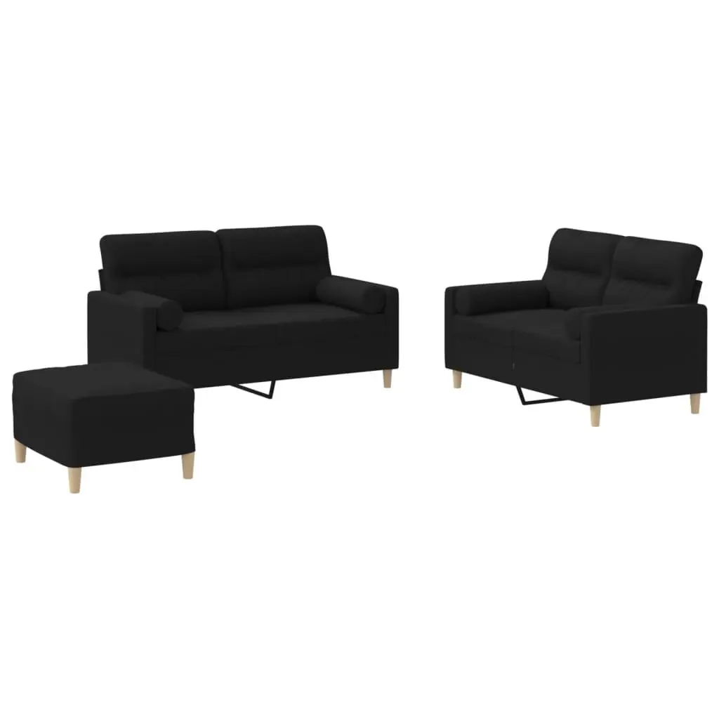 3 Piece Sofa Set Black Fabric Lounge Suite Couch with Pillows Footstool Living