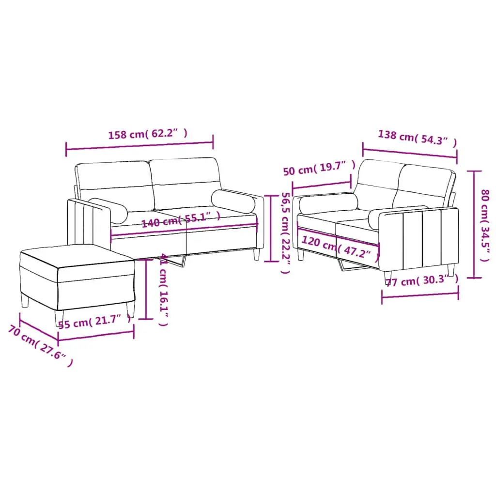 3 Piece Sofa Set Black Fabric Lounge Suite Couch with Pillows Footstool Living