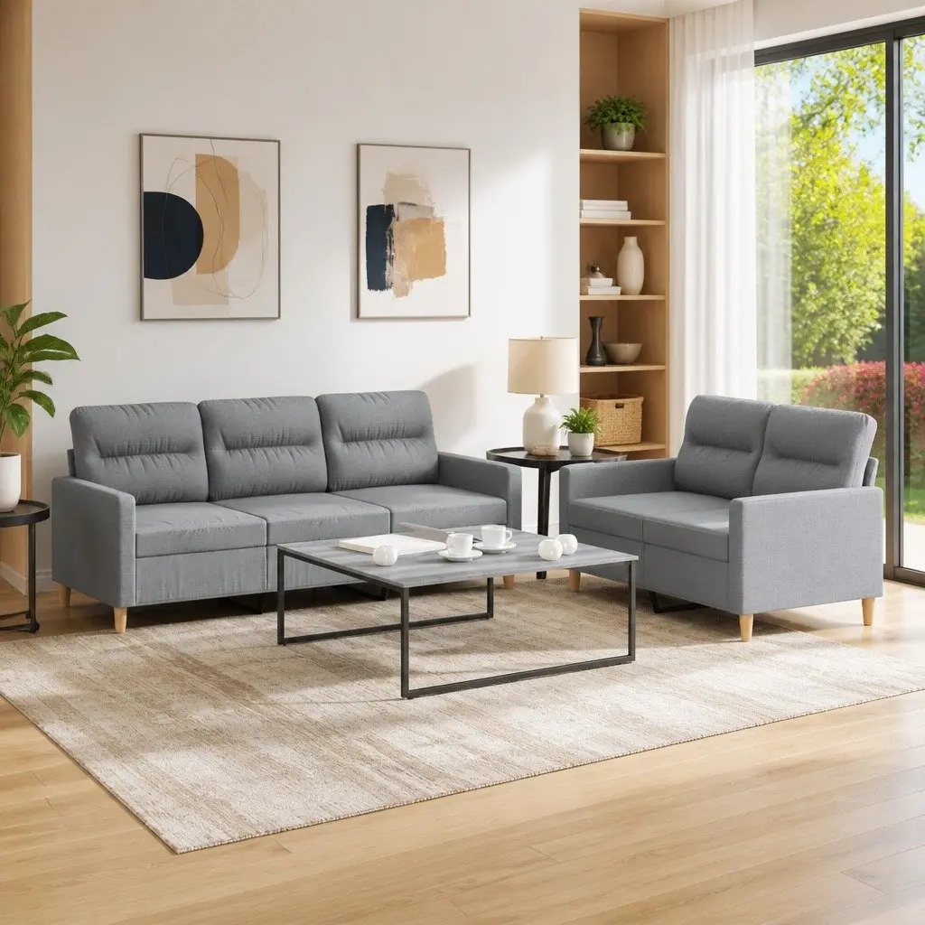 2 Piece Sofa Set Living Room Grey Fabric