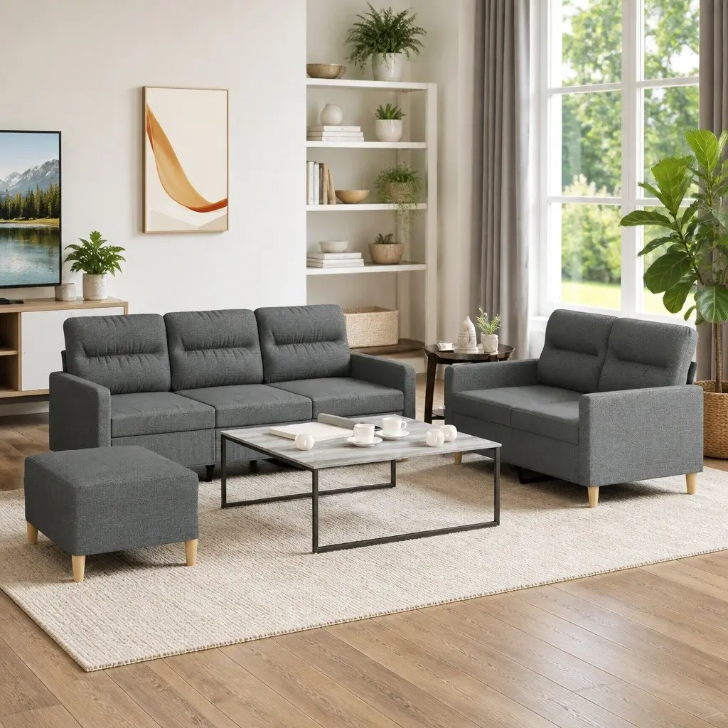 3 Piece Grey Sofa Set with Footstool