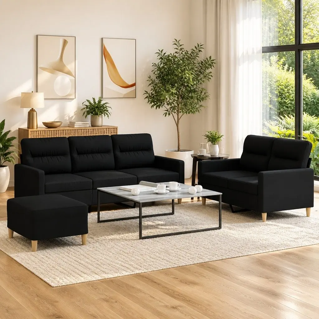 3 Piece Sofa Set with Cushions Black Fabric Lounge Suite Comfortable Seating