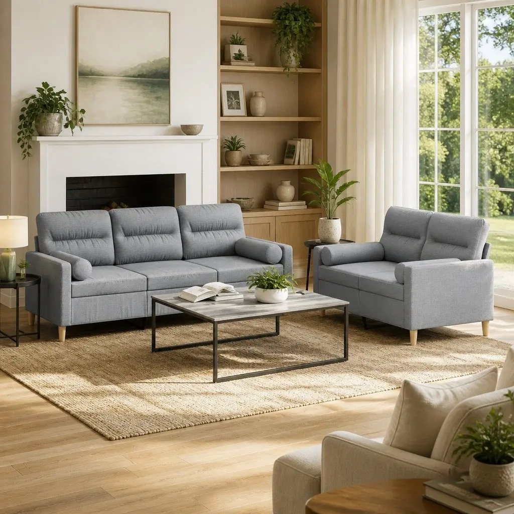 2 Piece Sofa Set Grey Fabric Living Room Couch with Pillows Comfortable Seating