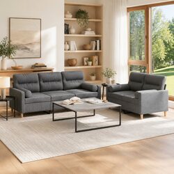 2 Piece Sofa Set Grey Fabric Couch with Pillows Comfortable Seating Living Room