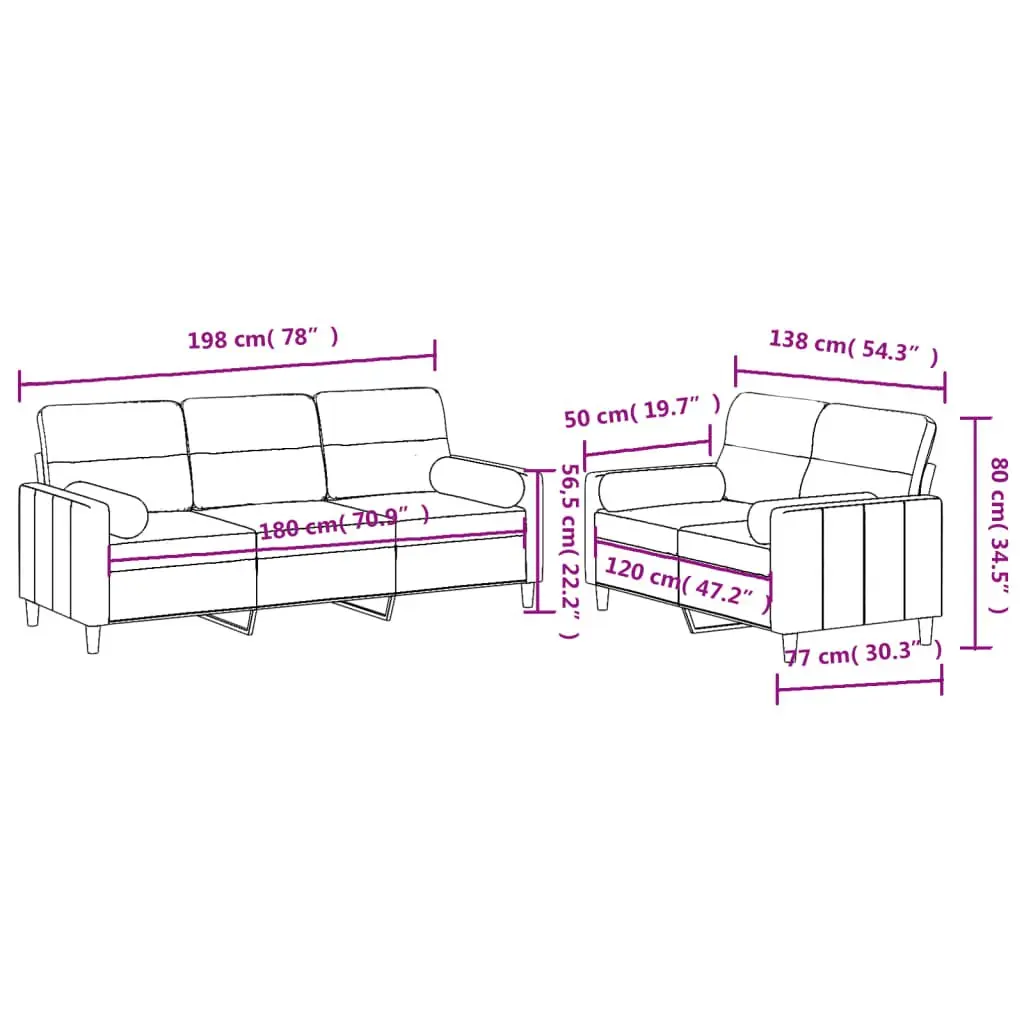 2-Piece Grey Fabric Sofa Set with Pillows