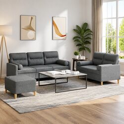 3 Piece Sofa Set with Footstool and Pillows Grey Fabric Living Room Lounge Suite
