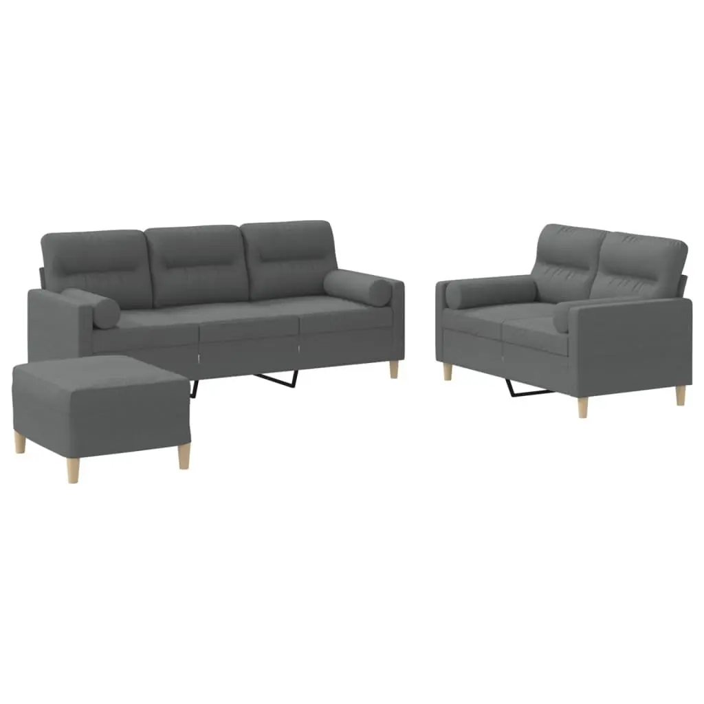 3 Piece Sofa Set with Footstool and Pillows Grey Fabric Living Room Lounge Suite