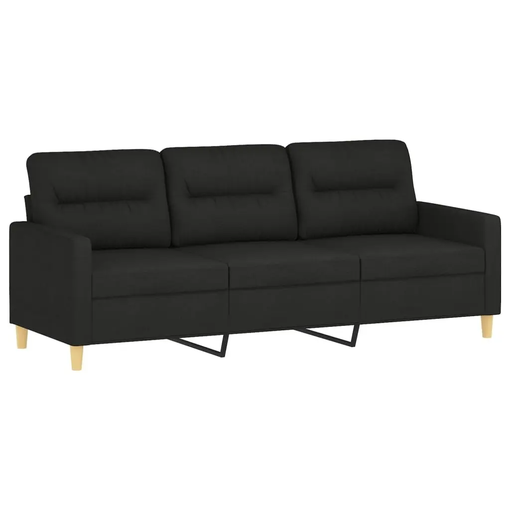 3 Piece Sofa Set with Roll Pillows Footstool Black Fabric Lounge Suite