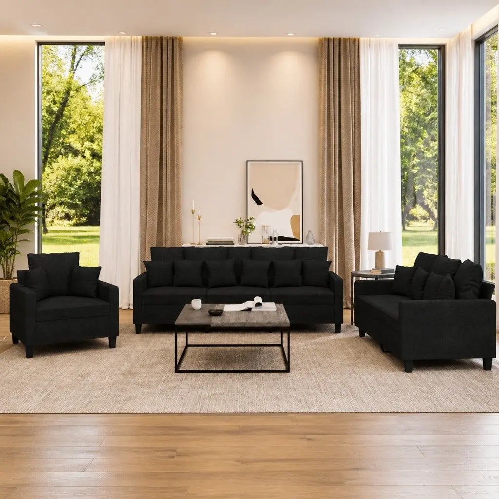 3 Piece Sofa Set for Living Room Black Fabric Couch with Throw Pillows
