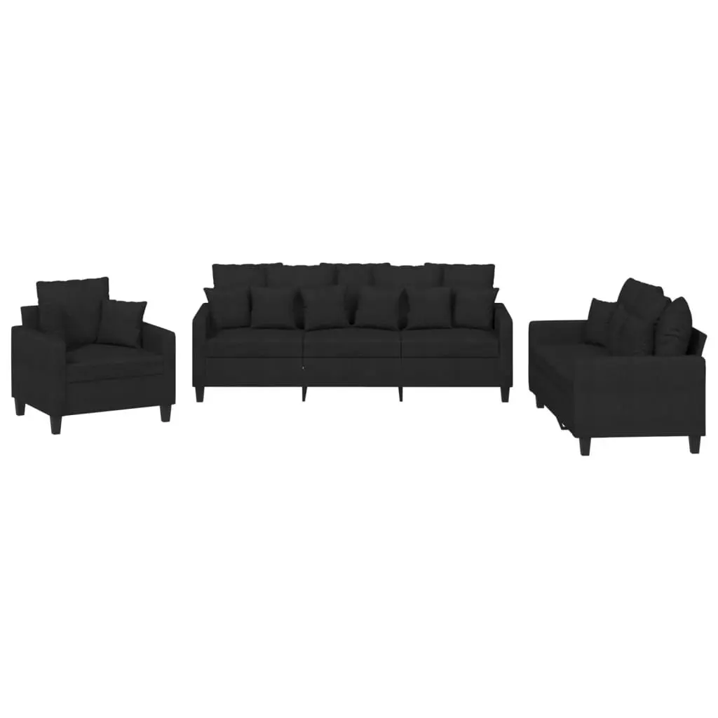 3 Piece Sofa Set for Living Room Black Fabric Couch with Throw Pillows