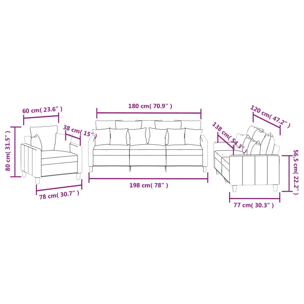 3 Piece Sofa Set for Living Room Black Fabric Couch with Throw Pillows