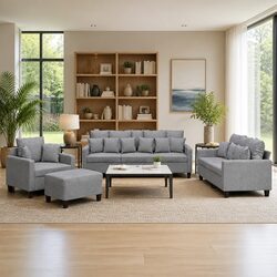 Grey Fabric 4 Piece Sofa Set with Footstool and Pillows