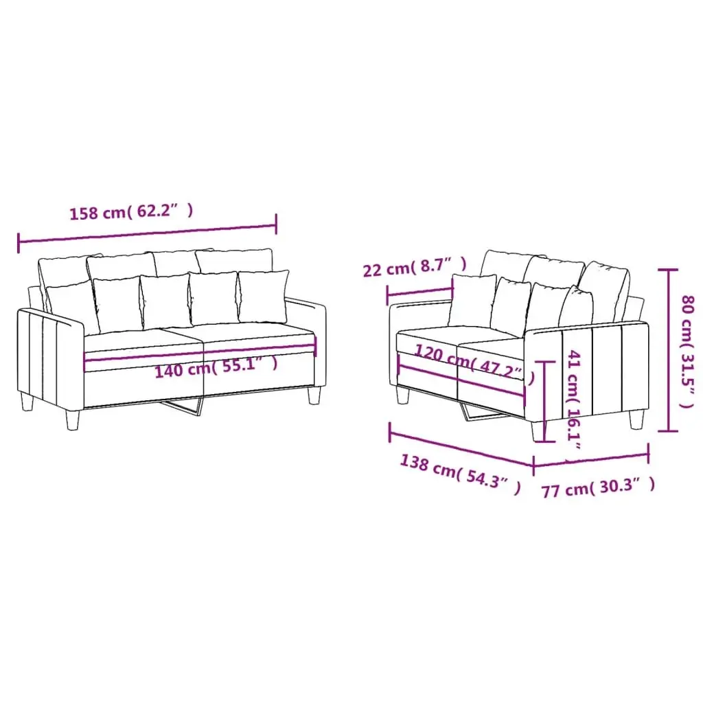2 Piece Sofa Set Living Room Grey Fabric