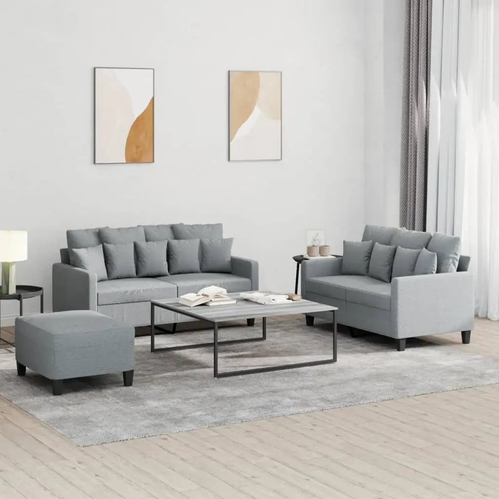 3 Piece Sofa Set Grey Fabric Living Room Size