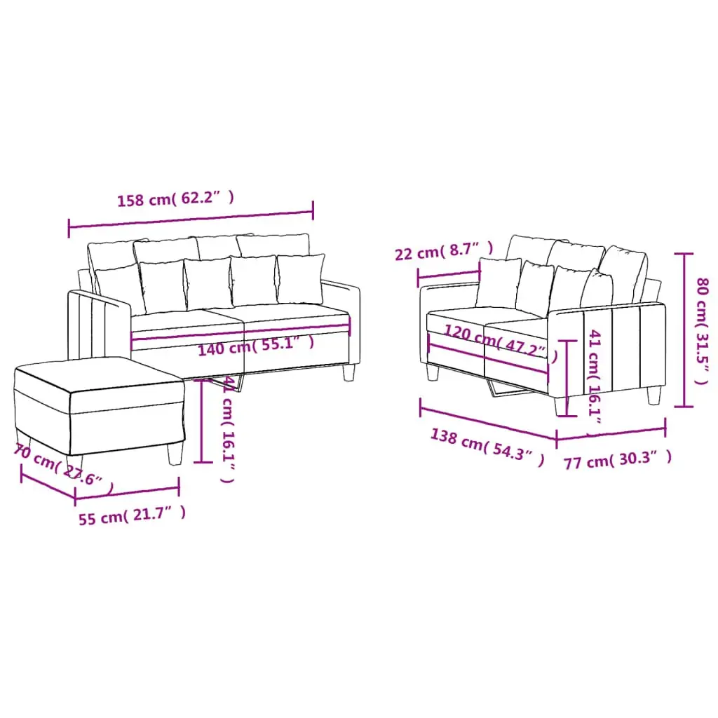 3 Piece Sofa Set Grey Fabric Living Room Size