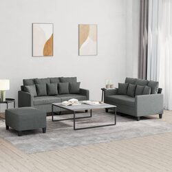 3 Piece Sofa Set: Grey Fabric, Sturdy Build & Footstool
