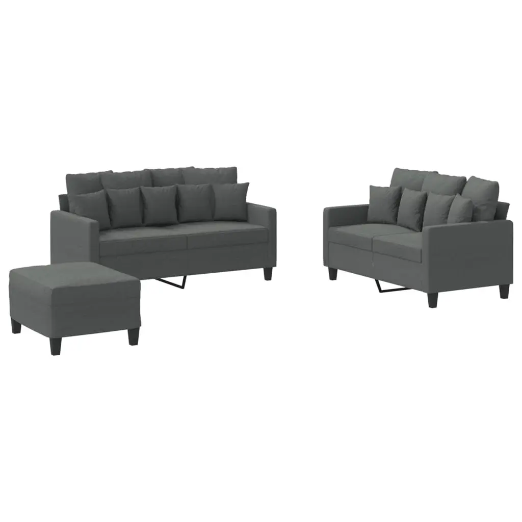 3 Piece Sofa Set Living Room Grey Fabric