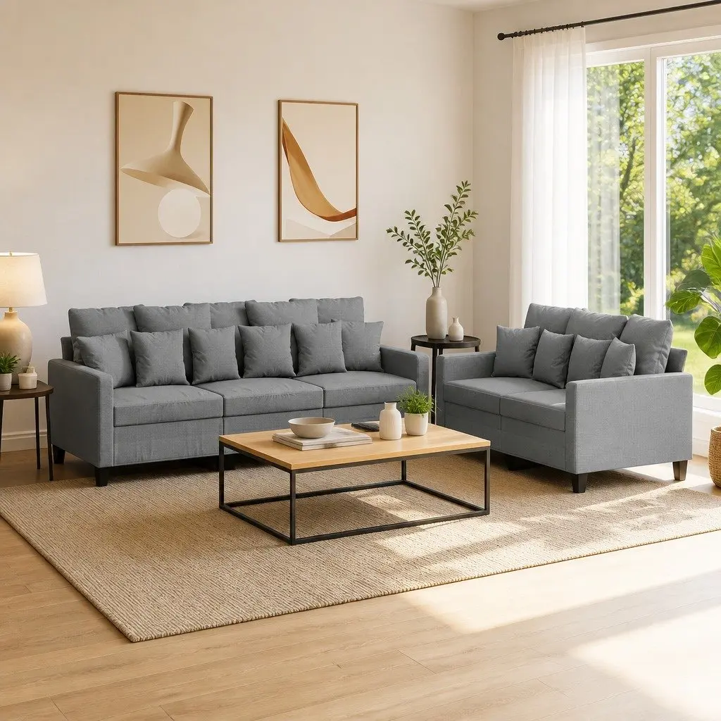 2 Piece Sofa Set for Living Room Grey Fabric Padded Seating