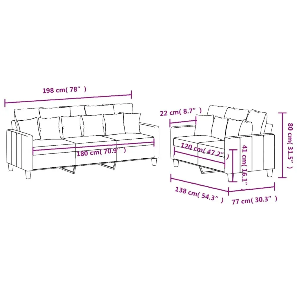 2 Piece Sofa Set for Living Room Grey Fabric Padded Seating